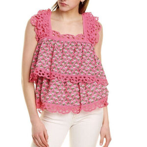 Jennifer & Grace Eyelet Trim Cotton Top pink Size Large